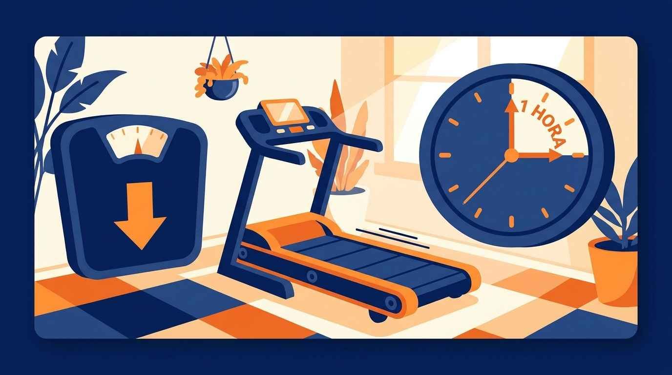 Ilustração cartoon de uma balança de banheiro com seta para baixo, ao lado de uma esteira ergométrica e um relógio marcando 1 hora