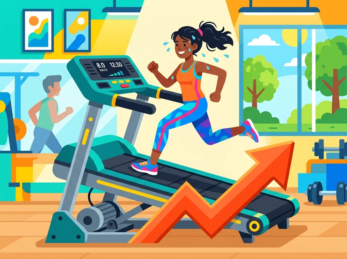 Ilustração cartoon flat de uma mulher correndo em uma esteira com uma seta vermelha ascendente ao fundo representando o aumento de inclinação e intensidade do treino