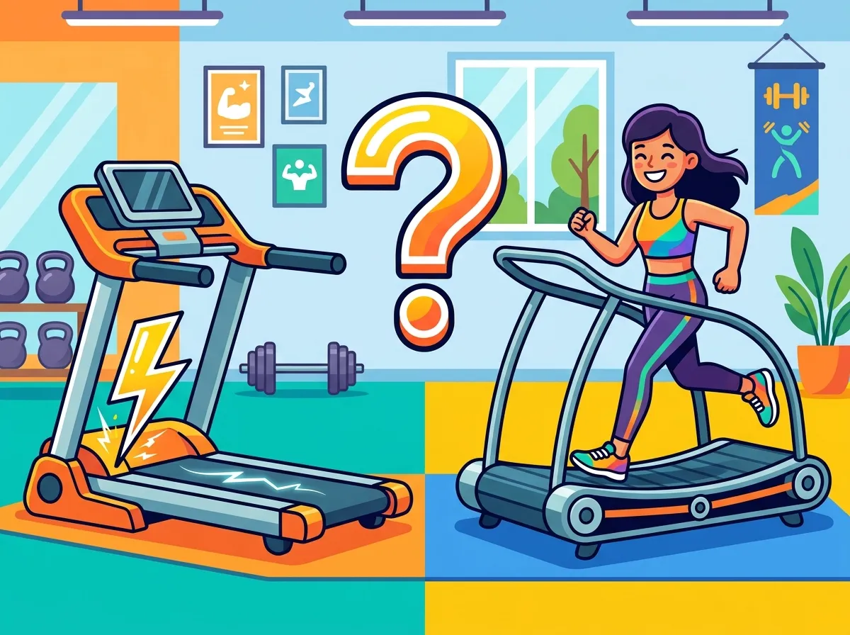 Ilustração cartoon flat de duas esteiras ergométricas lado a lado, uma com um raio estilizado saindo do motor representando o tipo elétrico, com um grande ponto de interrogação ao centro e uma mulher correndo na esteira da direita