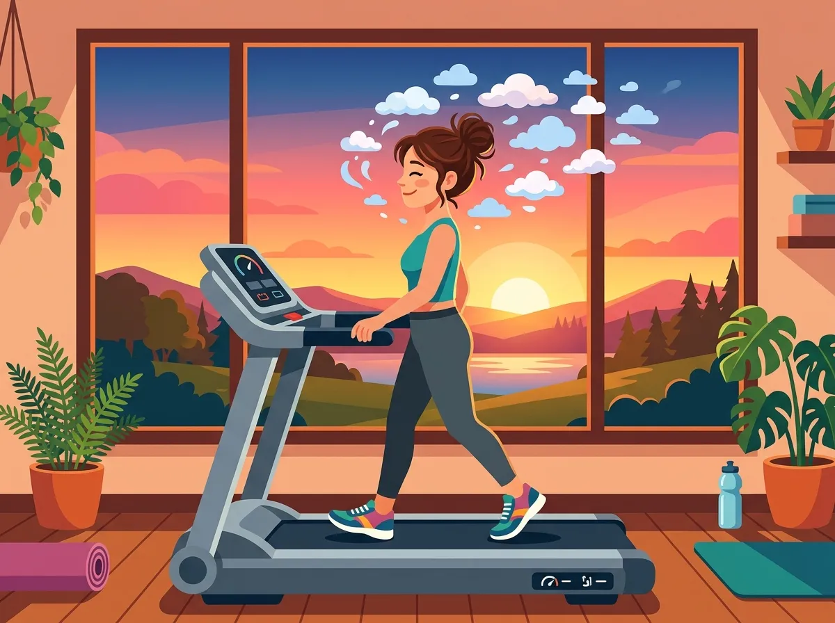 Ilustração cartoon flat de uma mulher caminhando serena em uma esteira em frente a uma janela com um pôr do sol, com pequenas nuvens estilizadas se dissipando ao redor da cabeça dela