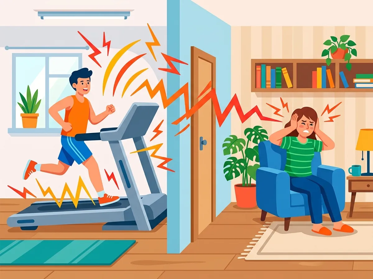 Ilustração cartoon flat de um homem correndo em uma esteira com ondas sonoras estilizadas saindo dela, e uma pessoa em outro cômodo tampando os ouvidos incomodada