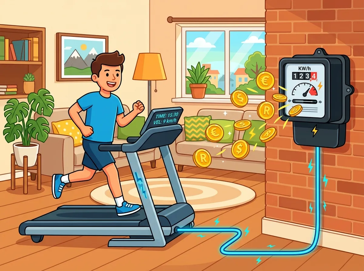 Ilustração cartoon flat de um homem correndo em uma esteira conectada por um fio estilizado a um medidor de energia na parede, com moedas e símbolos de raio saindo do medidor