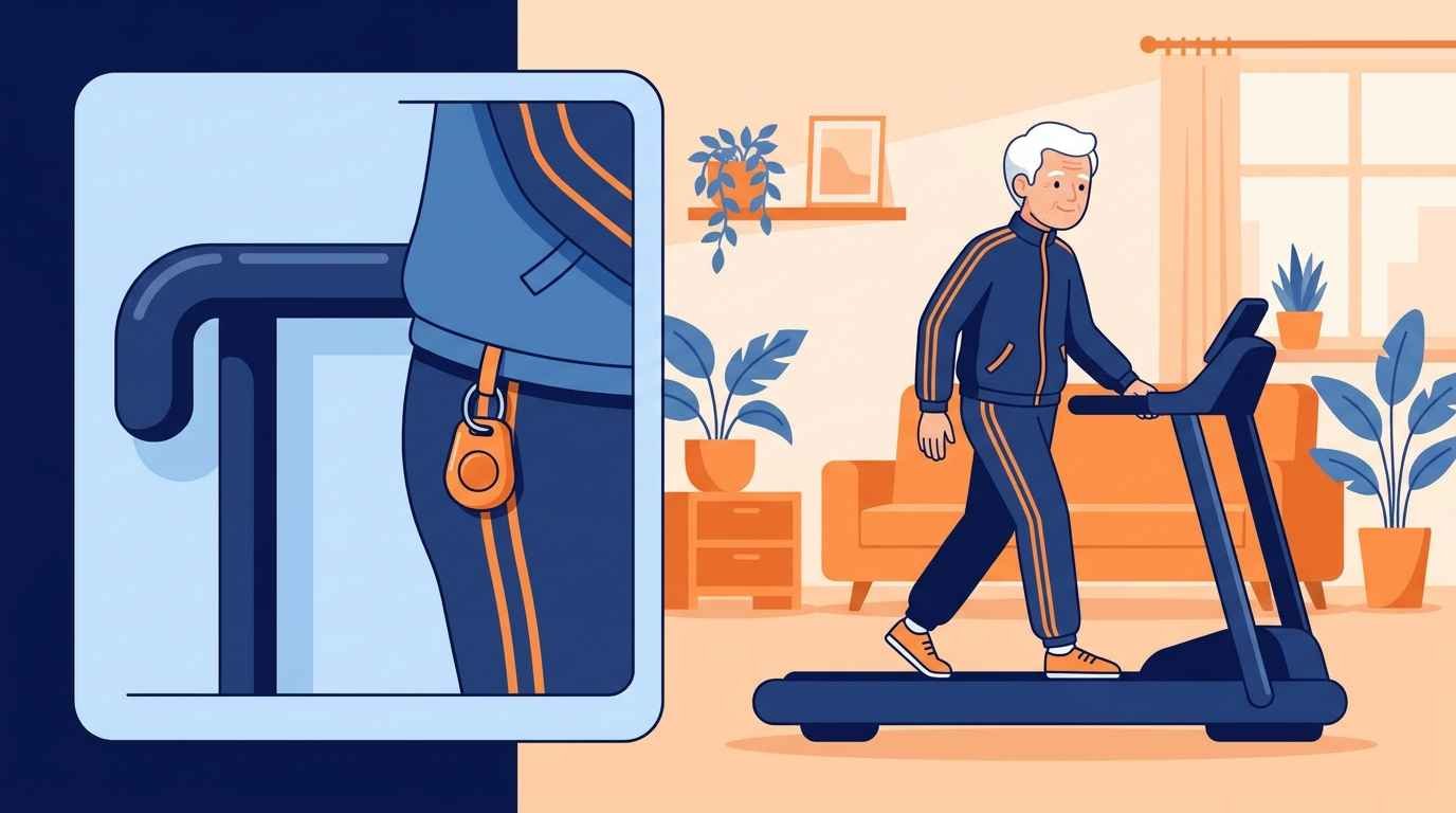 Ilustração cartoon de uma barra de apoio robusta e uma chave de segurança presa à roupa de um idoso caminhando tranquilo na esteira