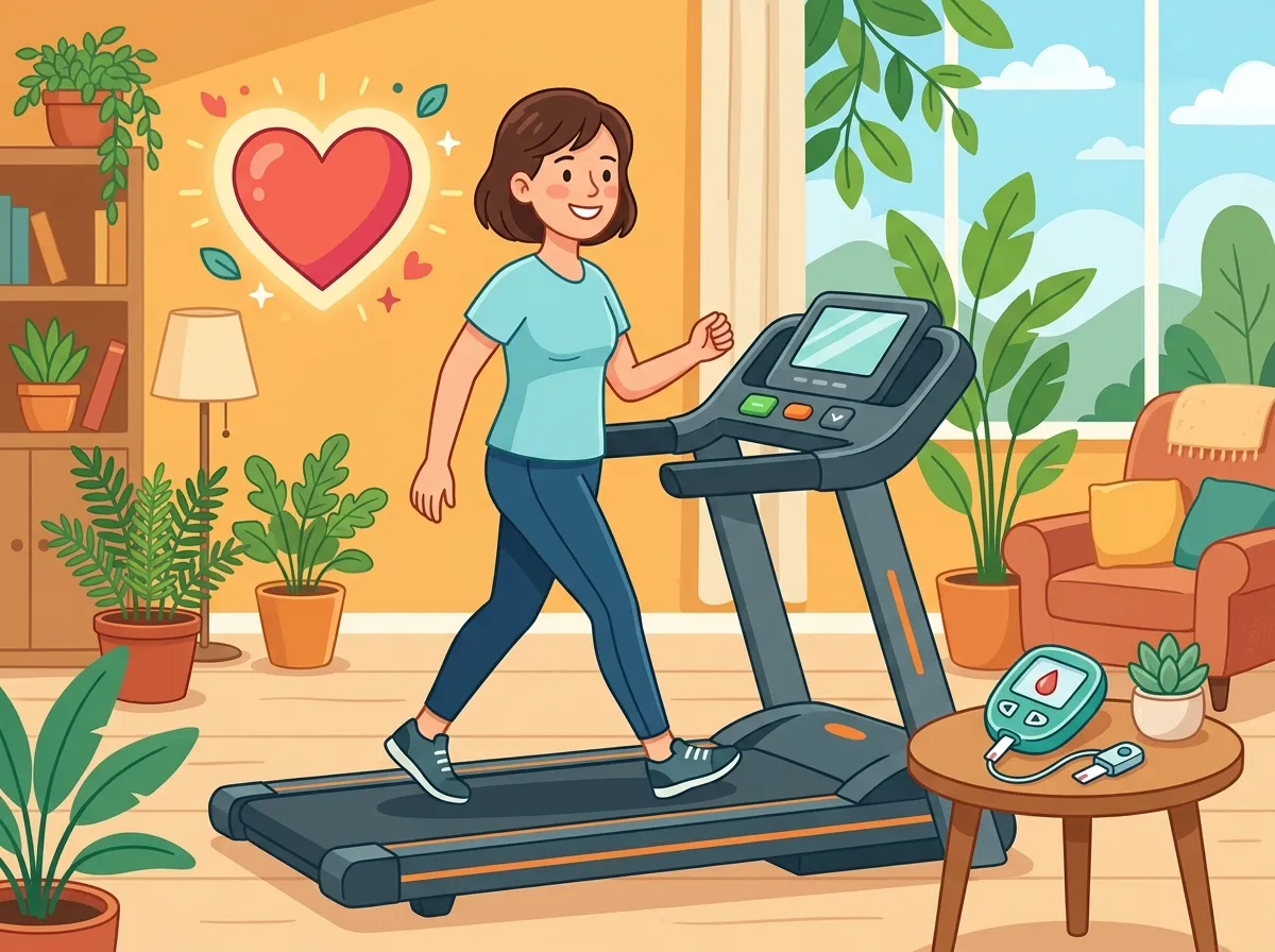 Ilustração cartoon flat de uma mulher caminhando em ritmo tranquilo em uma esteira, com um ícone de coração saudável ao fundo e um glicosímetro sobre uma mesa ao lado