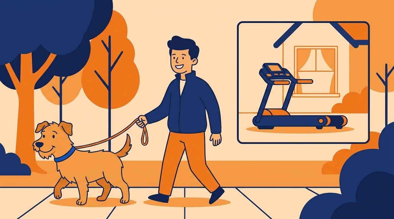 Ilustração cartoon de um cachorro passeando de coleira com o dono em uma calçada arborizada, com uma esteira ergométrica em destaque ao fundo