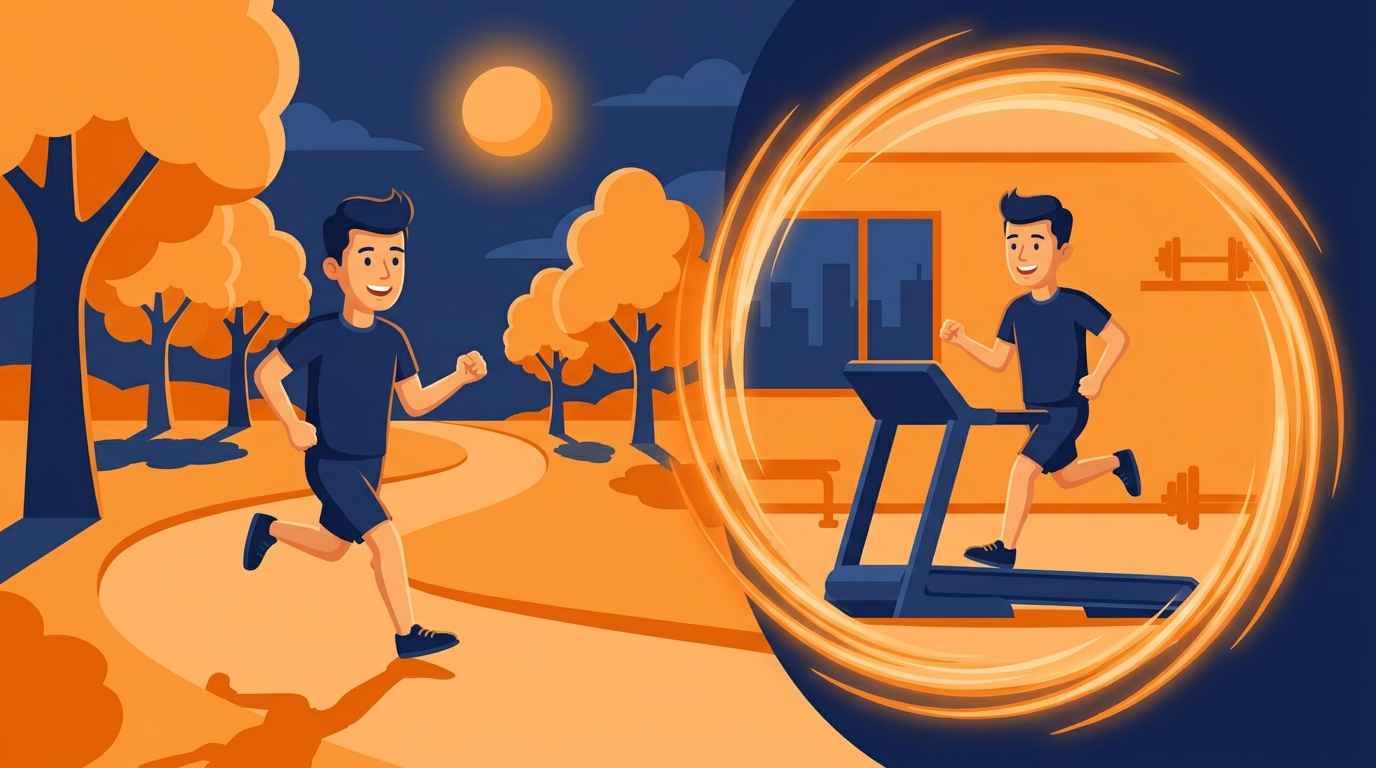 Qual a Esteira Ergométrica Mais Vendida no Brasil? Ilustração cartoon de um homem correndo ao ar livre em um parque ensolarado ao lado da mesma cena correndo em uma esteira dentro de casa