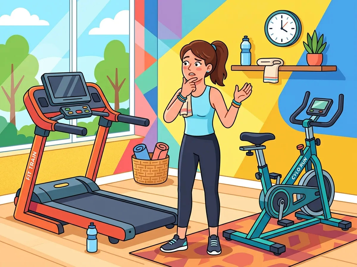 Ilustração cartoon flat de uma mulher indecisa em uma academia colorida, entre uma esteira ergométrica de um lado e uma bicicleta ergométrica do outro, com um grande ponto de interrogação ao centro