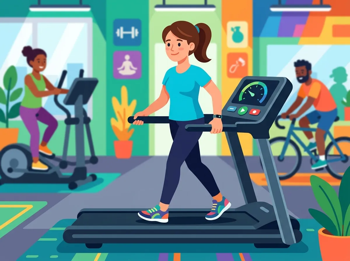 Ilustração cartoon flat de uma mulher treinando em uma esteira em uma academia, com outras pessoas se exercitando em elíptico e bicicleta ao fundo