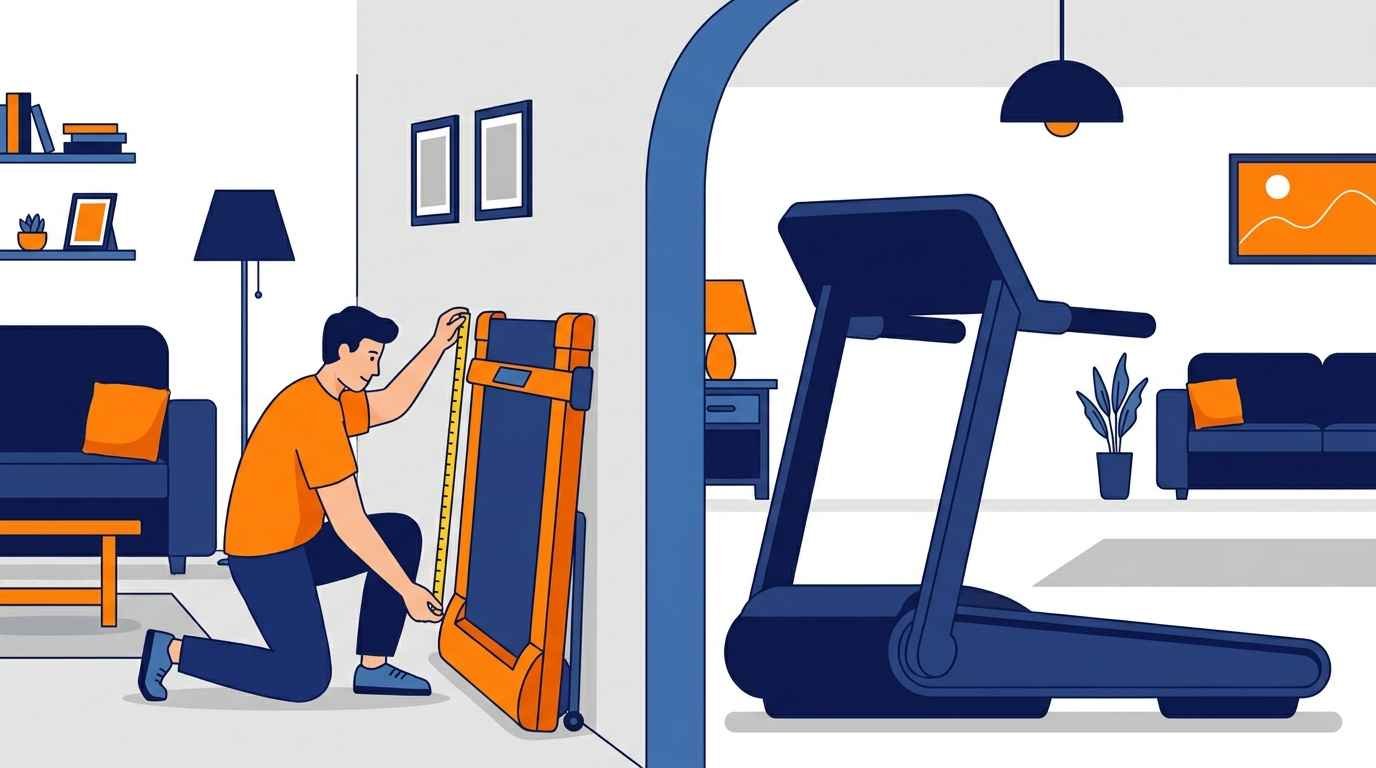Ilustração cartoon de um homem medindo com uma trena o espaço da sala para uma esteira dobrável, comparando com um modelo maior em outro cômodo