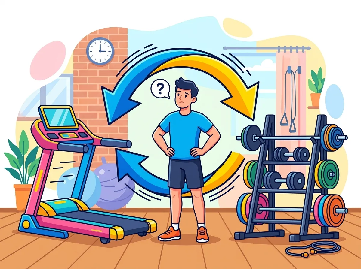 Ilustração cartoon flat de um homem em dúvida entre uma esteira ergométrica e um suporte de anilhas de musculação, com setas circulares e um ponto de interrogação entre os dois