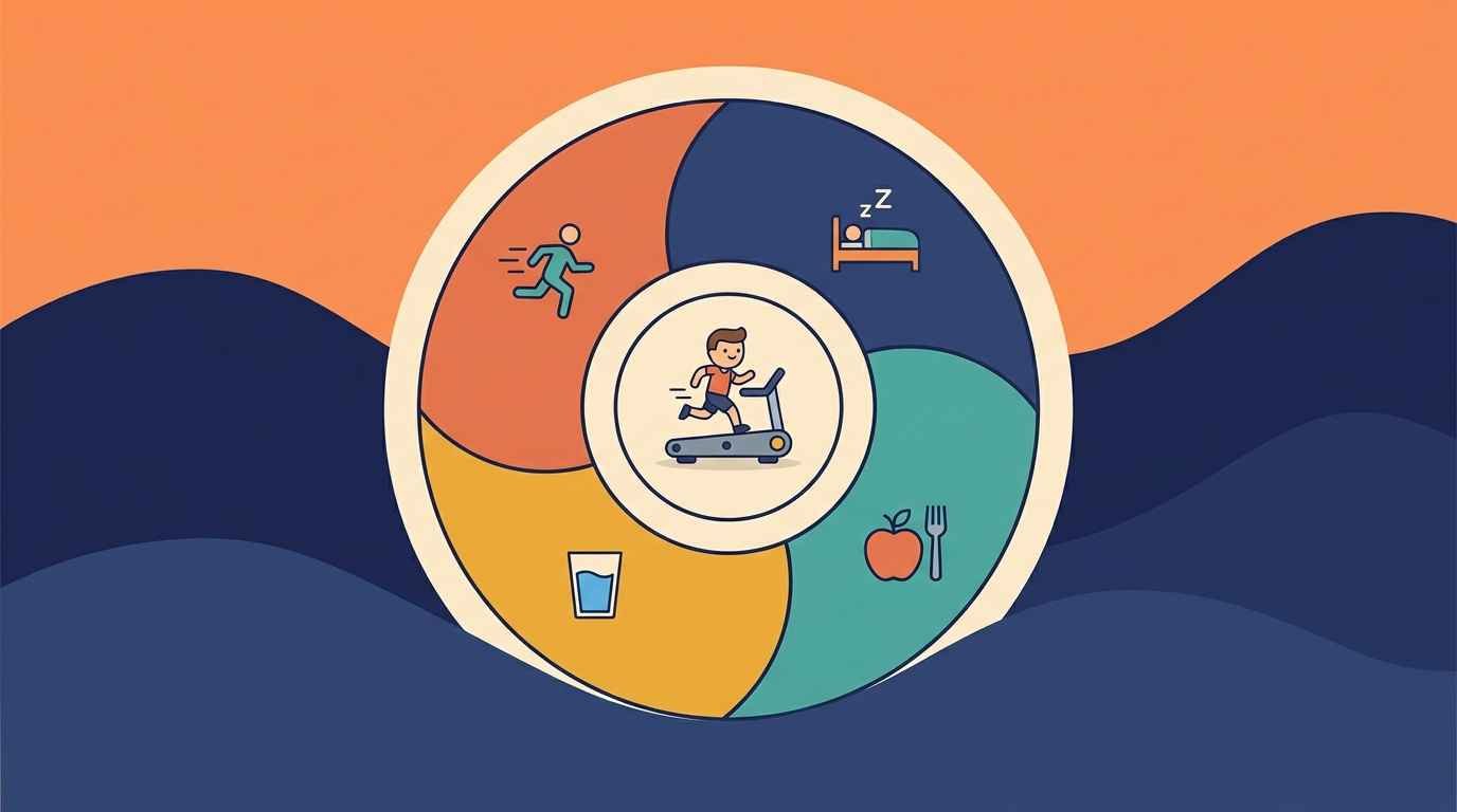 Ilustração cartoon de uma roda dividida em fatias representando hábitos de exercício, sono, alimentação e hidratação, com uma esteira ao centro