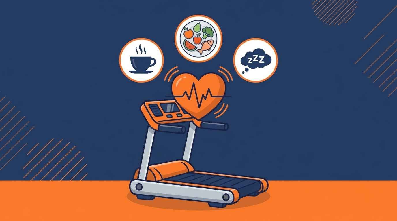 Ilustração cartoon de uma esteira ergométrica com um coração pulsante estilizado, cercada de ícones de café, comida saudável e sono
