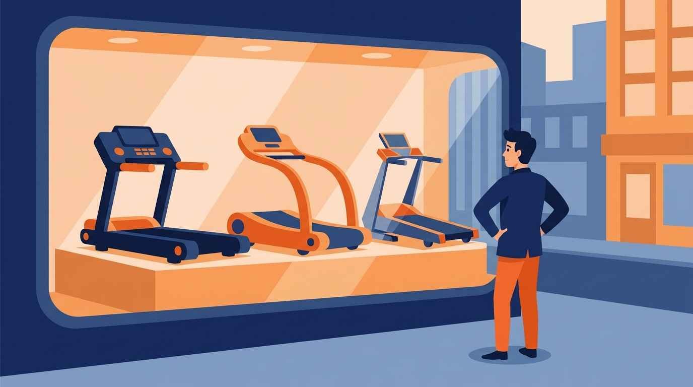 Ilustração cartoon de uma vitrine com esteiras ergométricas de marcas diferentes e um homem comparando os modelos