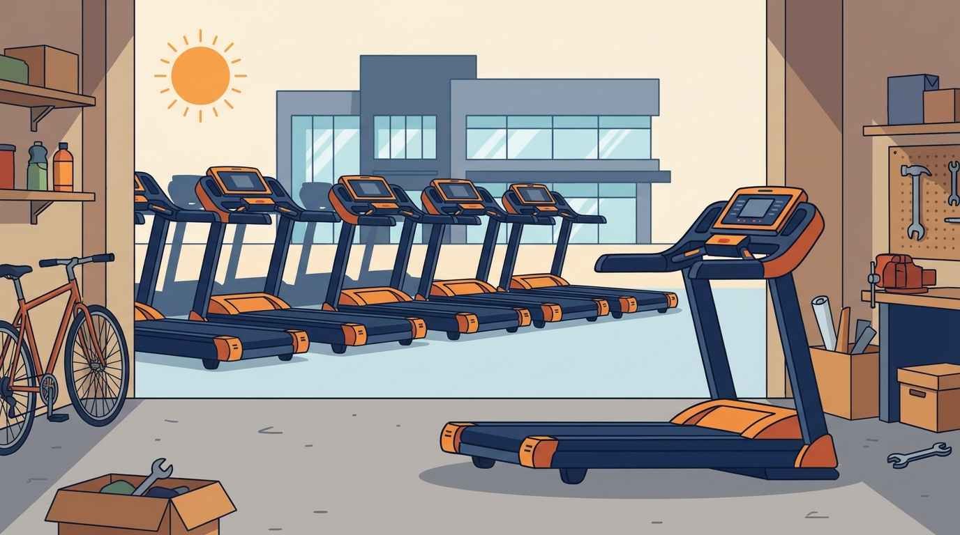 Ilustração cartoon de uma academia com fileira de esteiras robustas ao fundo e uma esteira semiprofissional isolada em uma garagem residencial
