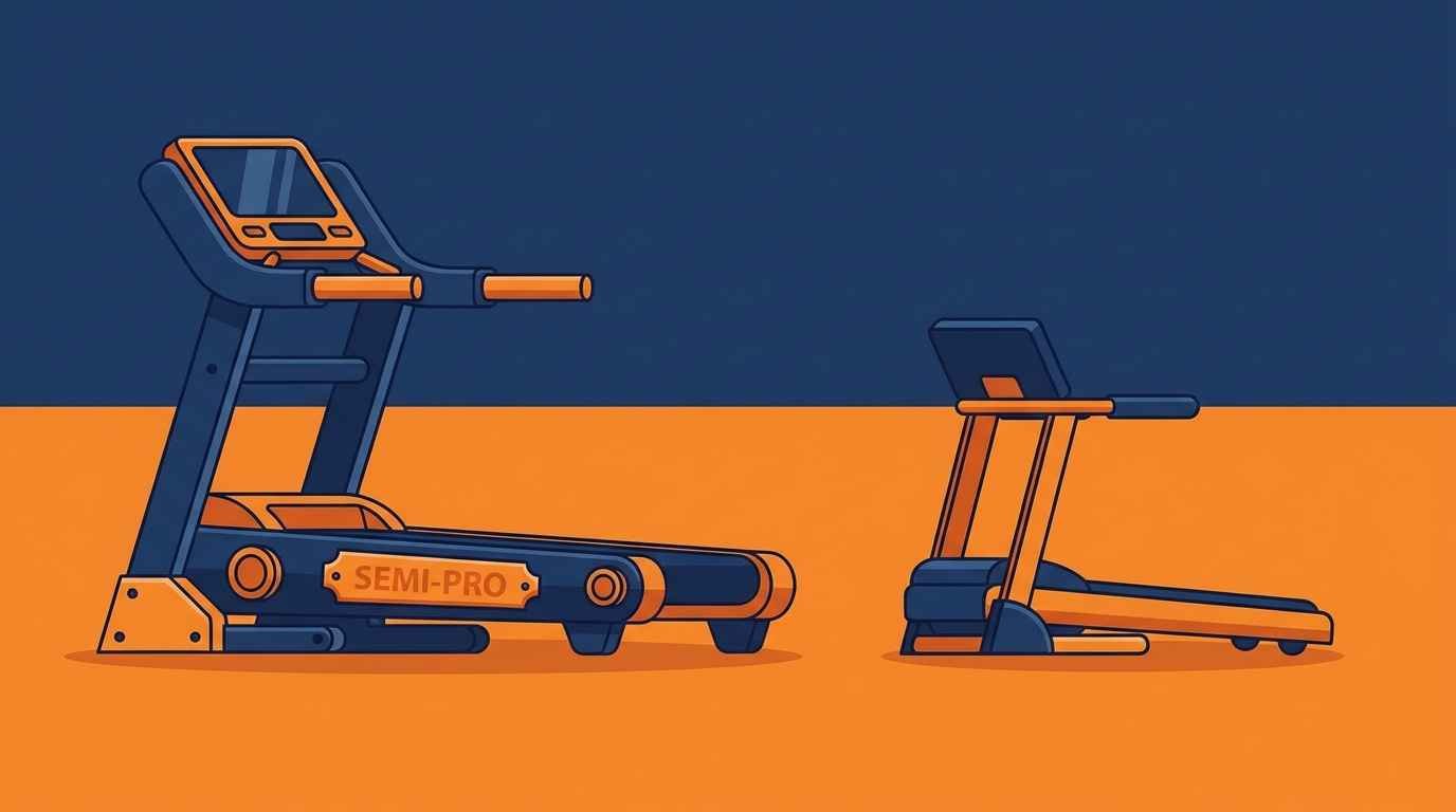 Ilustração cartoon de duas esteiras ergométricas lado a lado, uma mais robusta com placa 'SEMI-PRO' e outra mais simples e compacta