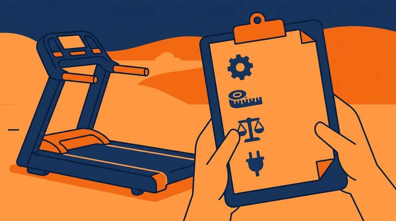 Ilustração cartoon de uma prancheta com checklist ilustrado de motor, régua, balança e tomada ao lado de uma esteira ergométrica