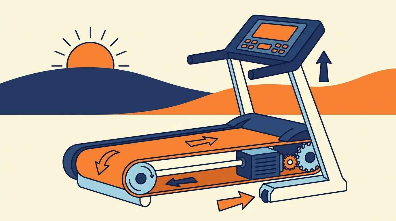 Ilustração cartoon em corte transversal de uma esteira ergométrica mostrando motor, lona e painel eletrônico com setas indicando cada parte