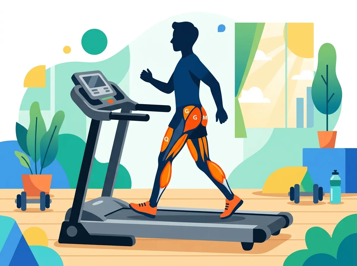 Ilustração cartoon flat de uma silhueta humana estilizada caminhando em uma esteira, com os principais grupos musculares das pernas destacados em laranja