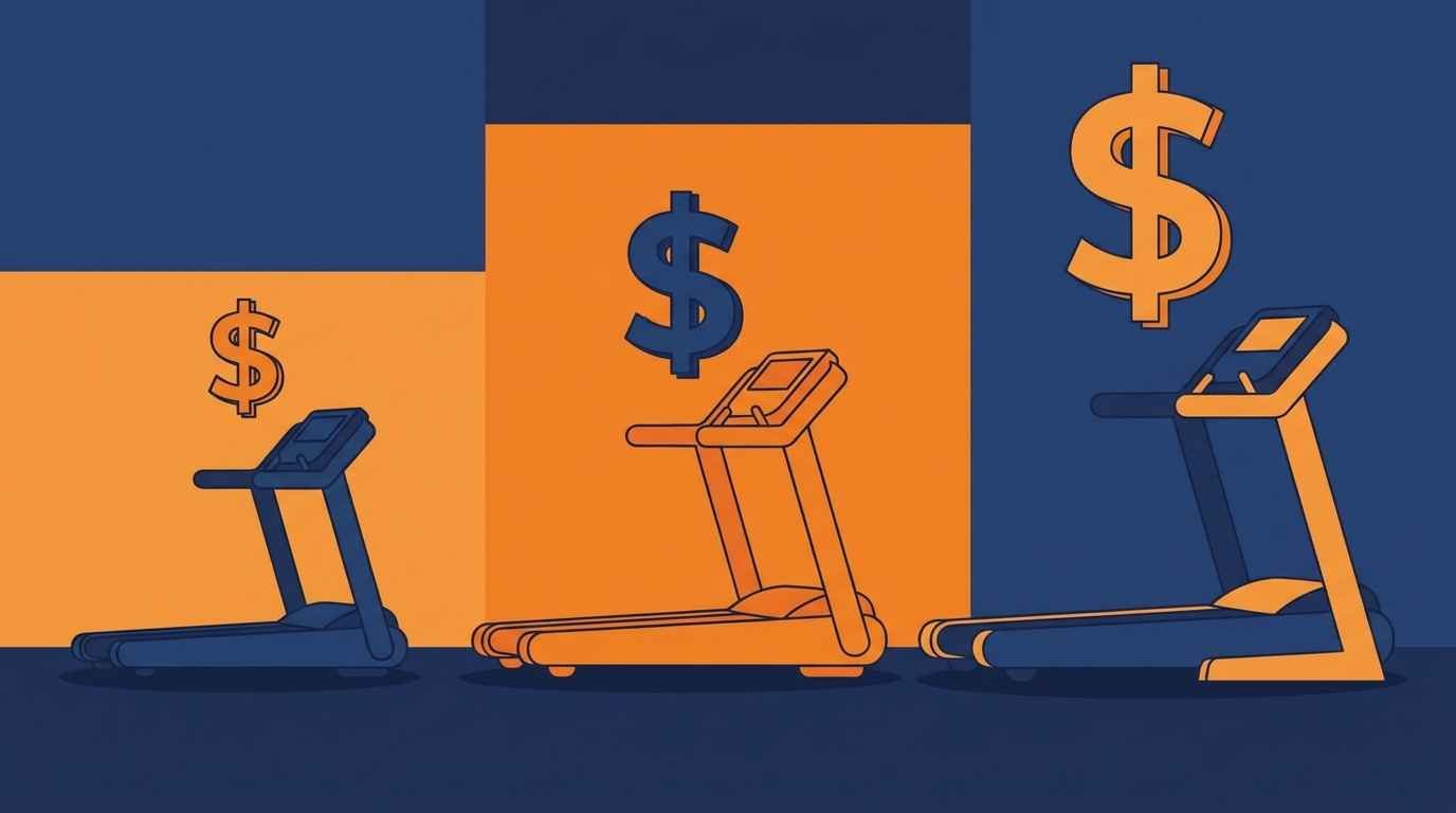Quanto Custa uma Esteira Ergométrica de Boa Qualidade? Faixas de Preço Explicadas Ilustração cartoon de três esteiras ergométricas lado a lado com cifrões de tamanhos crescentes flutuando acima, sem valores exibidos