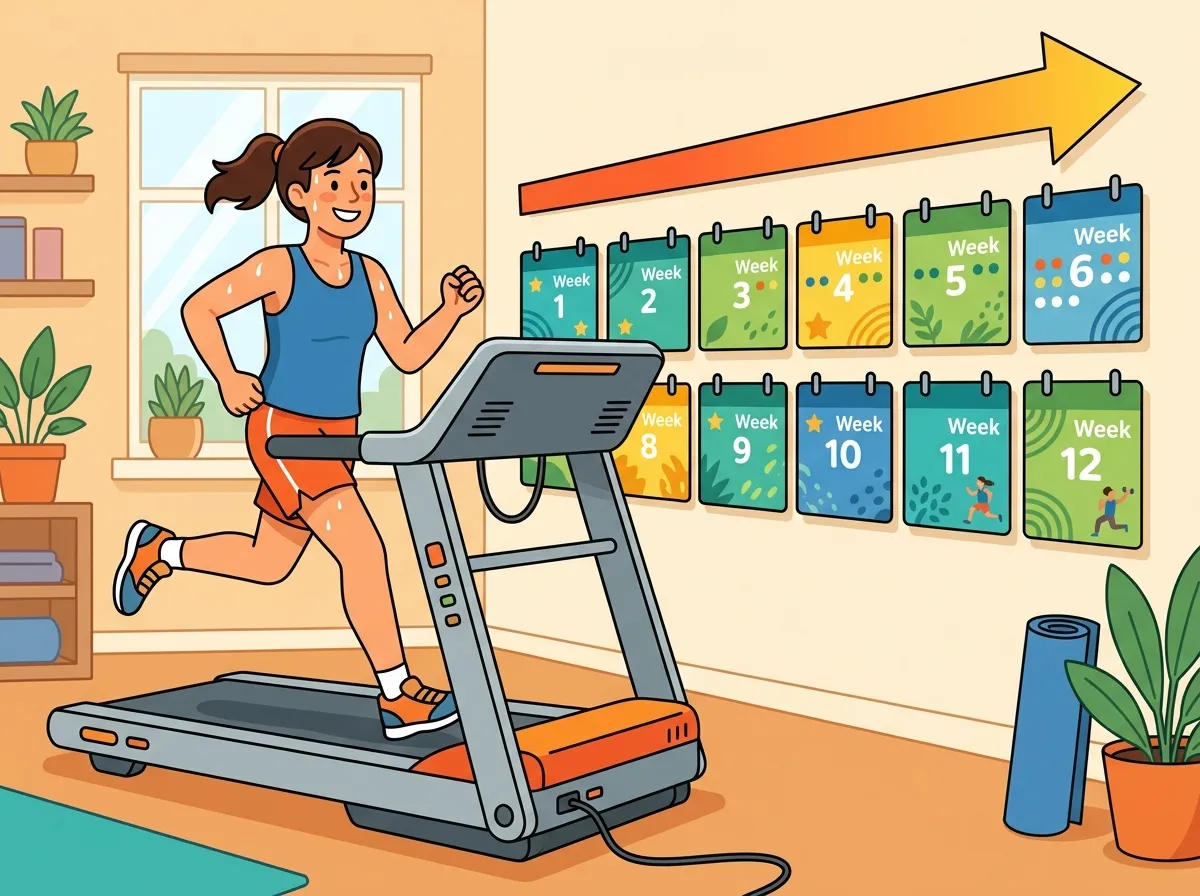 Ilustração cartoon flat de uma mulher iniciante correndo sorridente em uma esteira, com um calendário de progressão semanal na parede e uma seta ascendente indicando evolução gradual