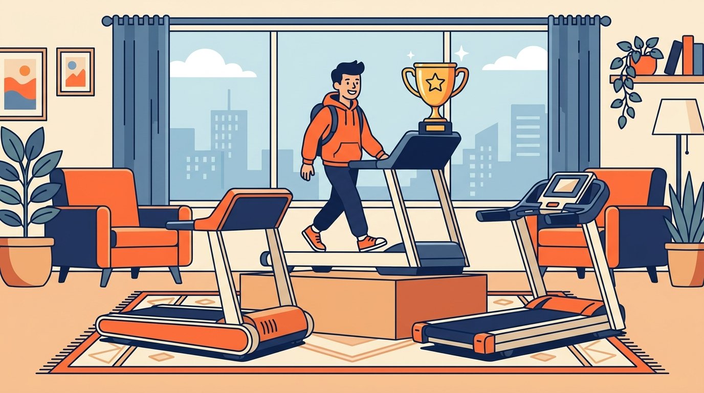 Homem sorridente caminhando em uma esteira ergométrica com um troféu dourado ao fundo, cercado por outros modelos de esteira, ilustrando o ranking das melhores esteiras ergométricas de 2026