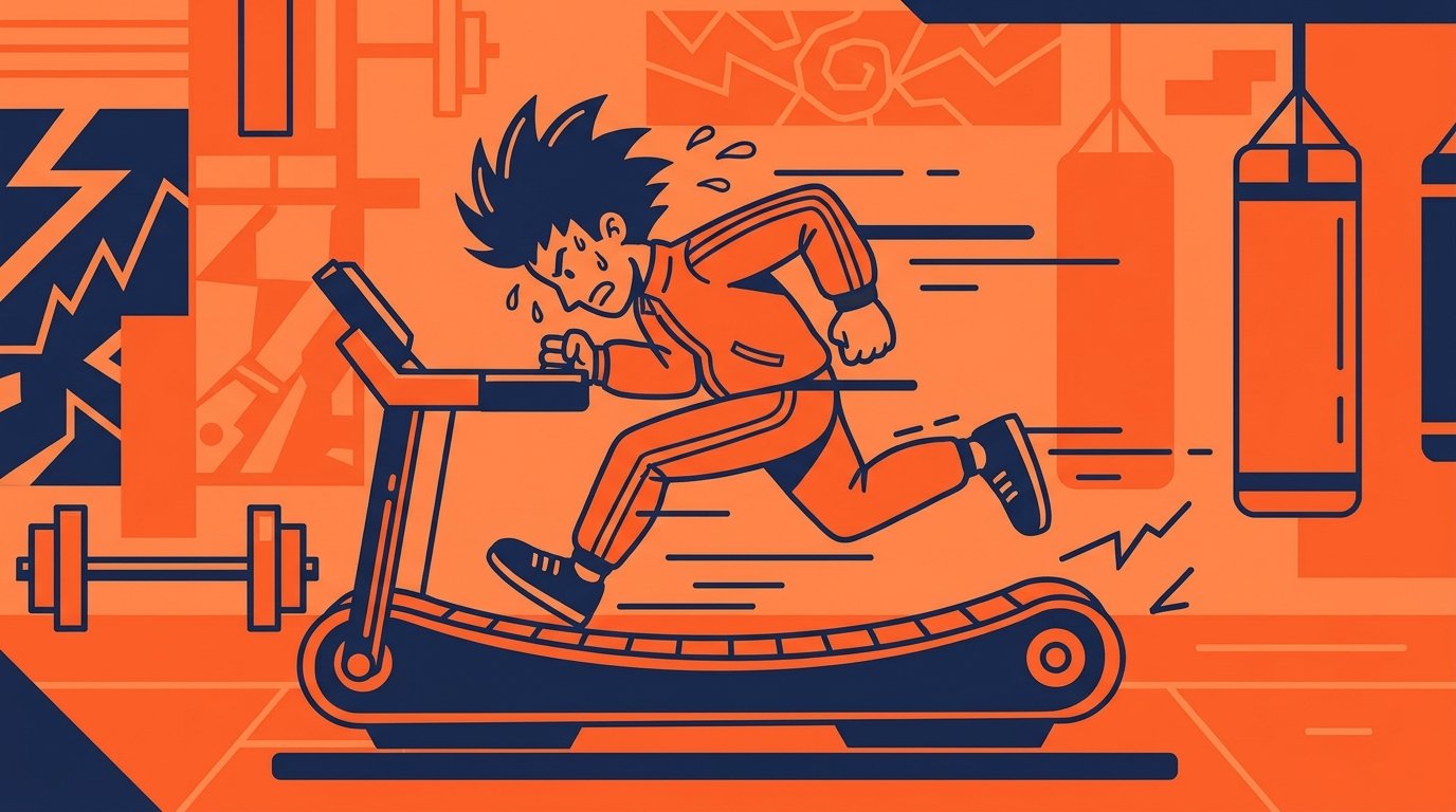 Homem suando e correndo intensamente em uma esteira ergométrica em uma academia com pesos e sacos de pancada ao fundo, ilustrando o uso para corrida