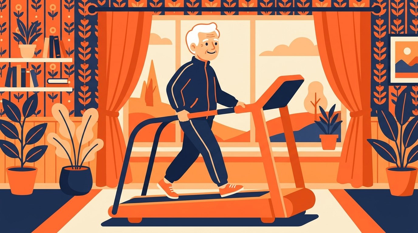 Idoso sorridente caminhando com segurança em uma esteira ergométrica com barras de apoio, em uma sala aconchegante, ilustrando o uso de esteira por idosos