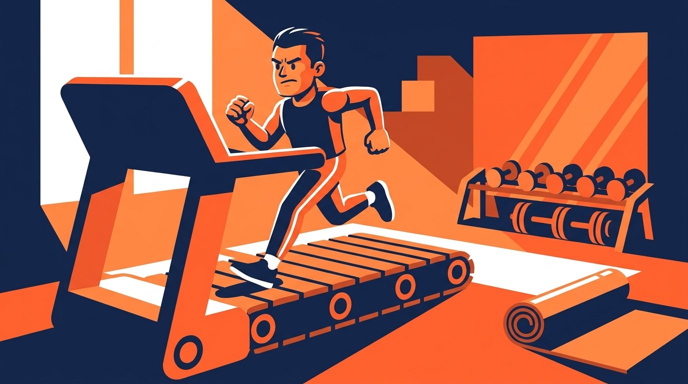 Homem correndo intensamente em uma esteira ergométrica dentro de uma academia, com halteres e acessórios de treino ao fundo, ilustrando o uso profissional